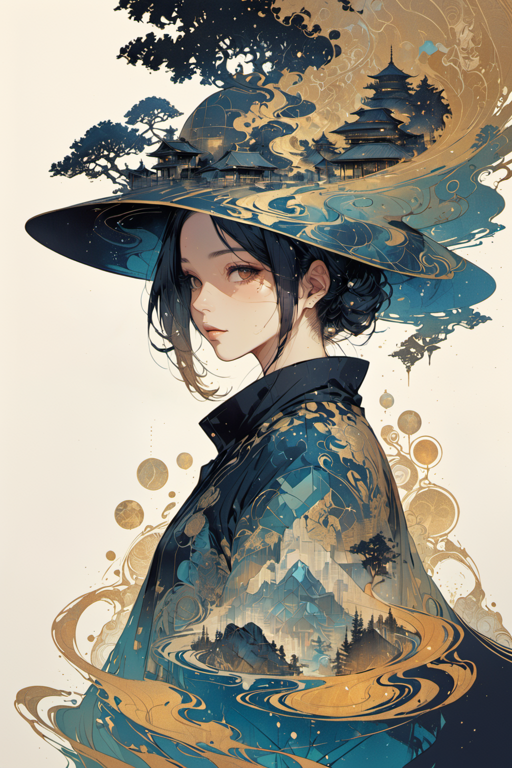 masterpiece,best quality,mysterious silhouette woman with hat,by Minjae Lee,Carne Griffiths,Emily Kell,Steve McCurry,Geoff...